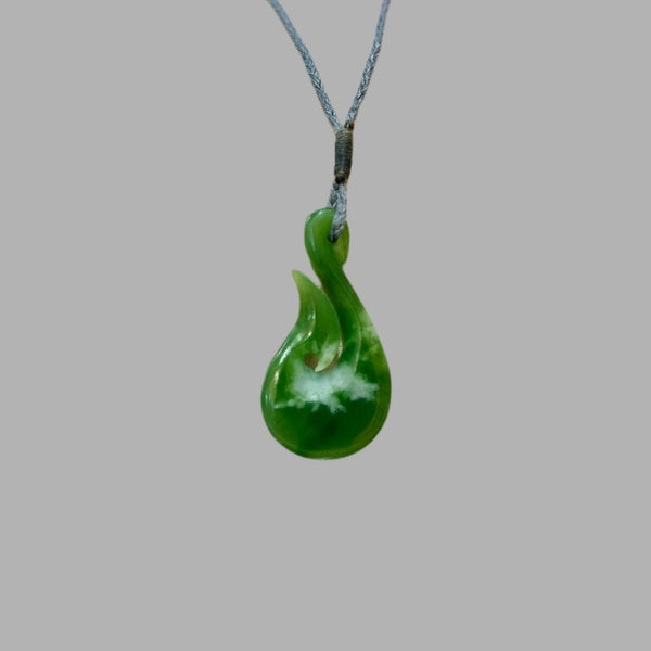 Te Wahi Pounamu Bright Green and White Snowflake Hei Matau (Hook) 46mm