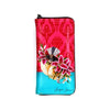 Colorful wallet with floral design and red patterned background