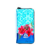 Blue wallet with floral design featuring red flowers and a teacup on a white background
