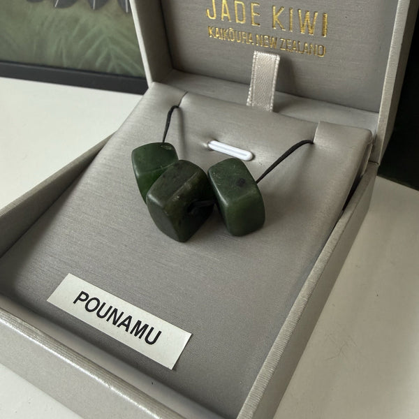 3 pounamu beads on adjustable black cord necklace